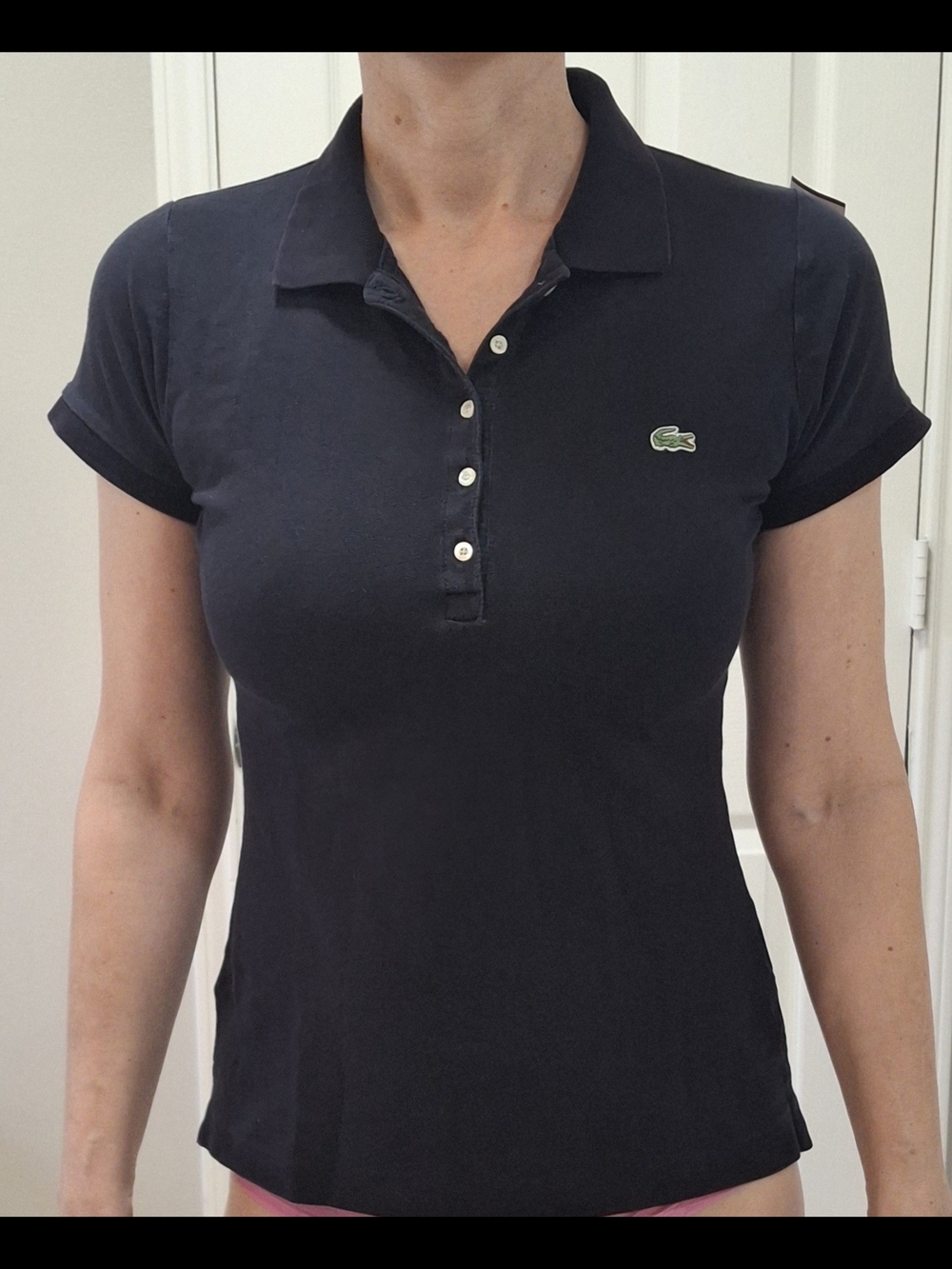 Lacoste Women's Navy Cotton Pique Button-Down Polo